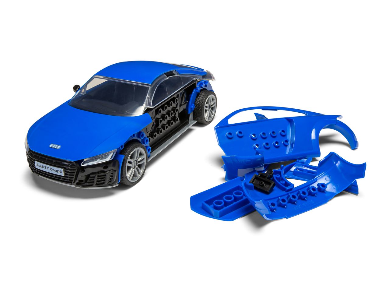 Blue toy car with removable body panels and separate parts on a white background.