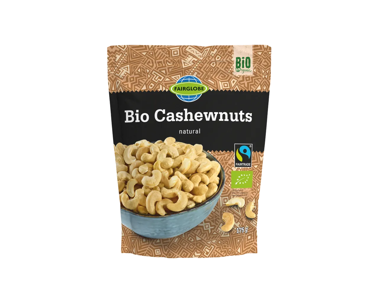 Fairglobe Bio Cashewnoten, naturel, 175g, met Bio Organic en Fairtrade logo's.