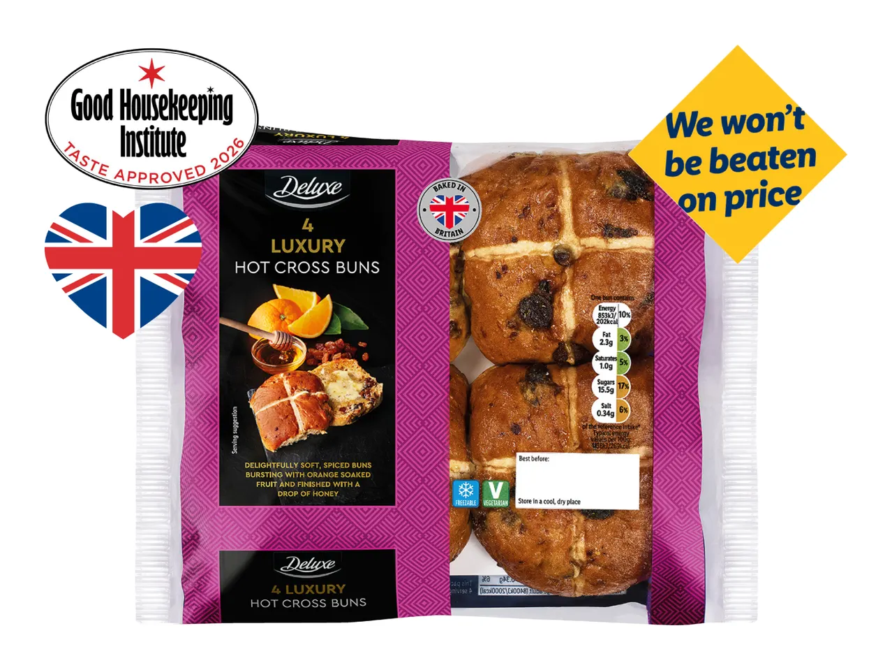Packaging for four luxury hot cross buns with nutritional information and a 'We won't be beaten on price' label.