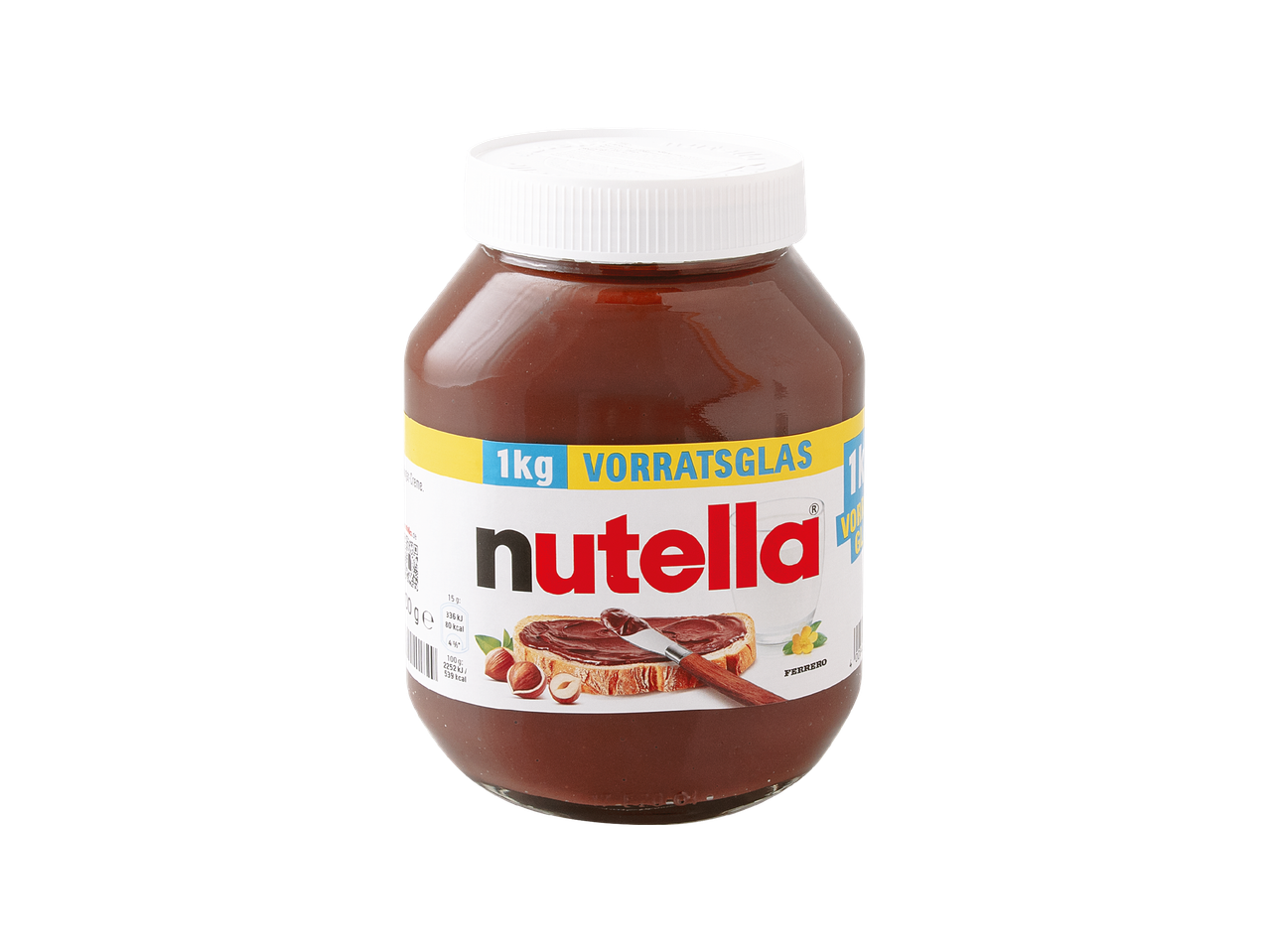 Tegla Nutelle od 1 kg s natpisom 'VORRATSGLAS' i slikom namaza na tostu.