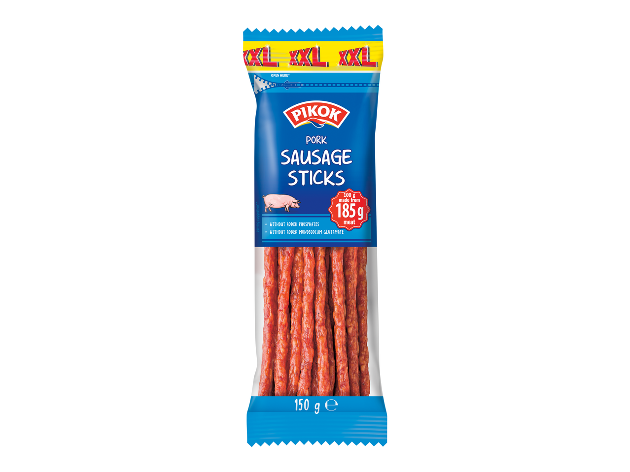 Bastoane de cârnați Pikok din carne de porc, ambalaj de 150g.