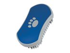 A blue and gray pet grooming brush with a paw print.