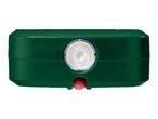 Green rectangular flashlight with a circular light and a red button on a white background.