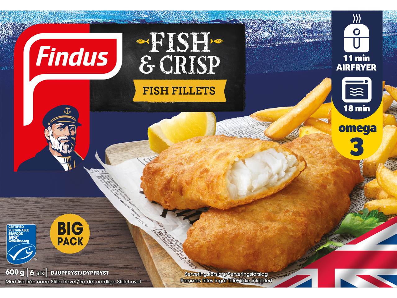 Findus Fish & Crisp fiskfiléer, frysta, med pommes frites som serveringsförslag.