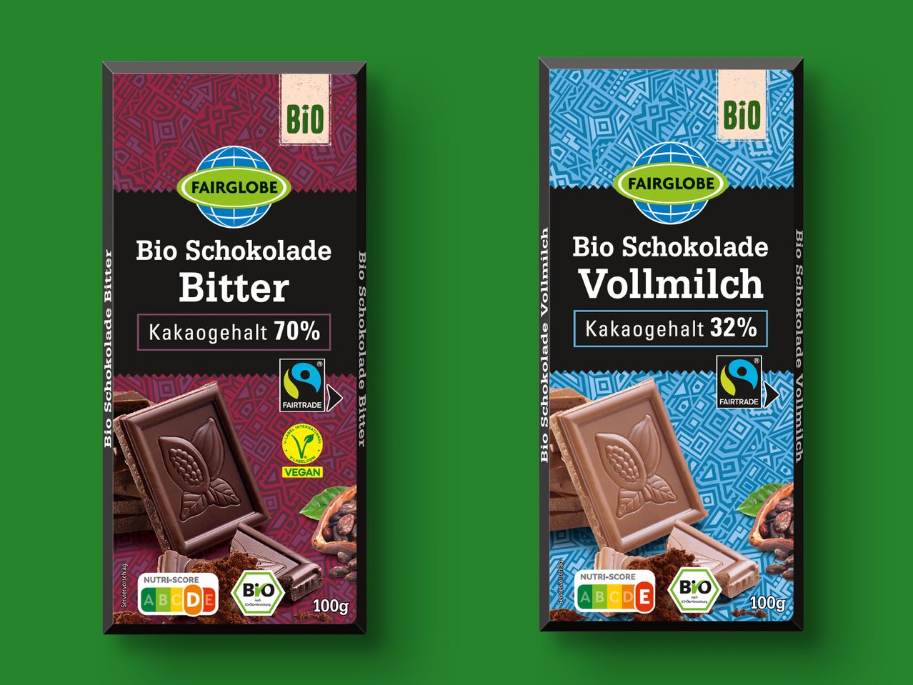 Fairglobe Bio Schokolade: Bitter und Vollmilch, Fairtrade.
