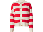 Esmara grofgebreid vest met rode en witte strepen en gouden knopen.