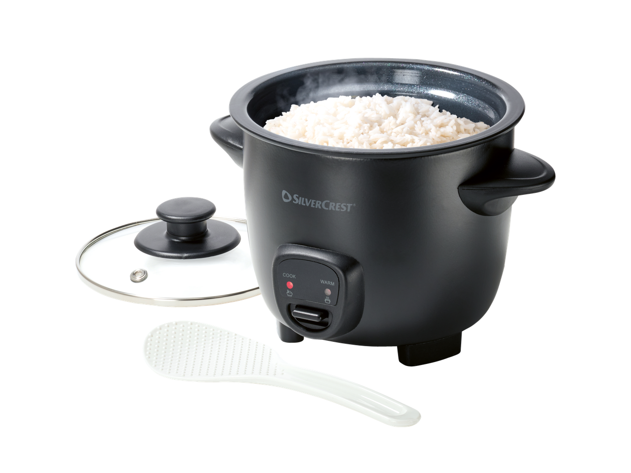 Panela de arroz preta Silvercrest com arroz, tampa e colher.