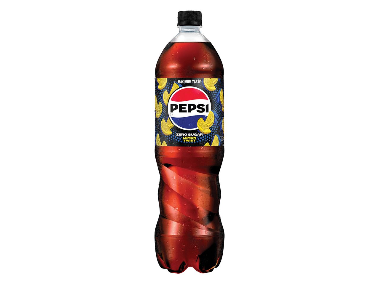 Μπουκάλι Pepsi Zero Sugar Lemon Twist με σταγόνες νερού.