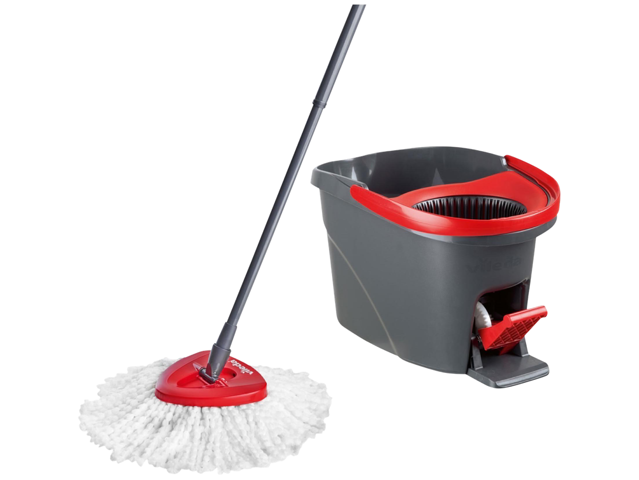 Mop és vödör szett piros és szürke színben, fekete háttér előtt.