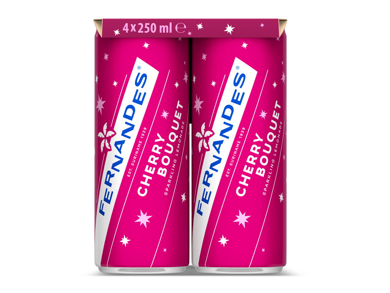 Een multipack van vier blikjes sprankelende kersenlimonade, 4x250 ml.