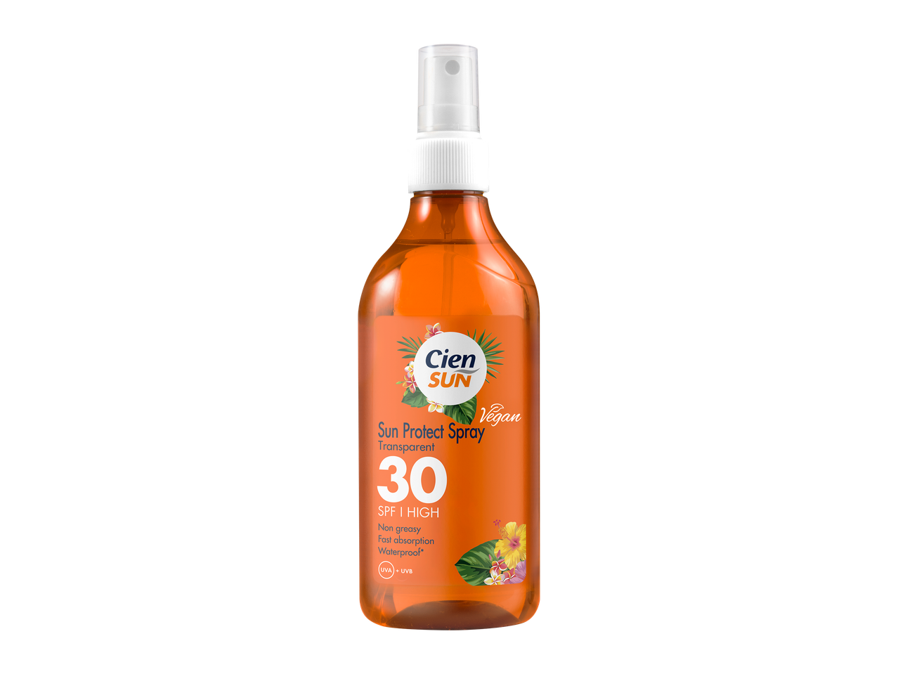Aurinkosuojasuihke SPF 30, läpinäkyvä, rasvaton, nopeasti imeytyvä ja vedenkestävä.