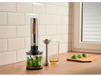 SILVERCREST® 600W Hand Blender Set with basil and oil on a kitchen counter.