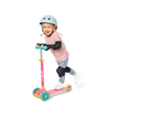 Lupilu Tri-Scooter with LED Wheels: A child in a helmet and protective gear rides a pink scooter.
