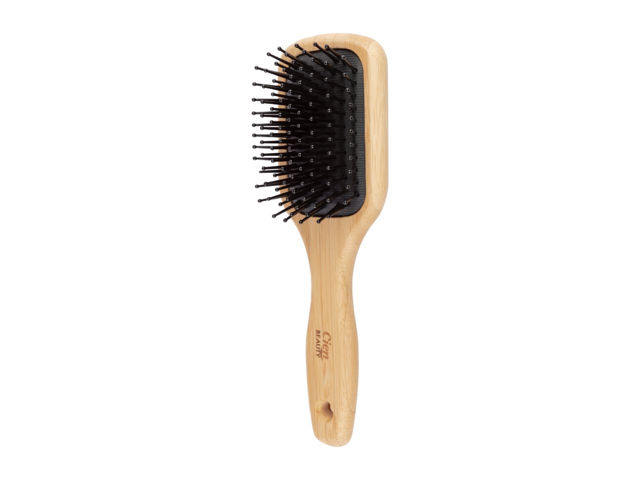 A wooden paddle hairbrush with black bristles and a brand logo on the handle.
