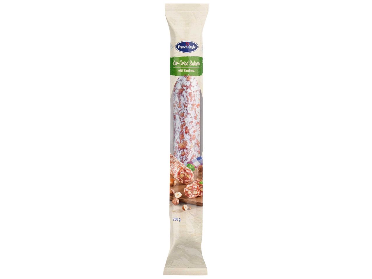 Francia stílusú, levegőn szárított szalámi mogyoróval, 250 g-os csomagolásban.