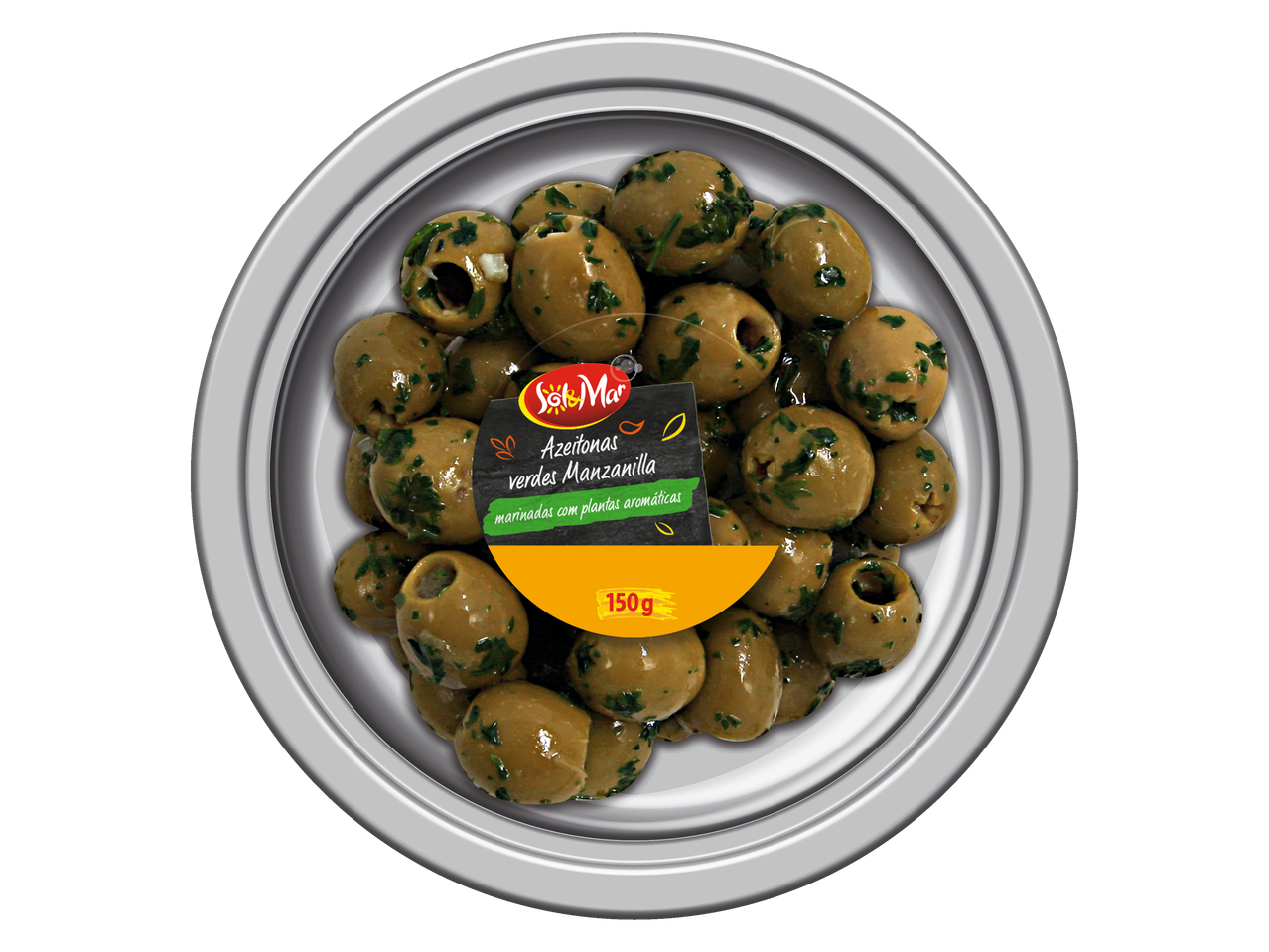 Azeitonas verdes Manzanilla Sol&Mar, marinadas com ervas, 150g.