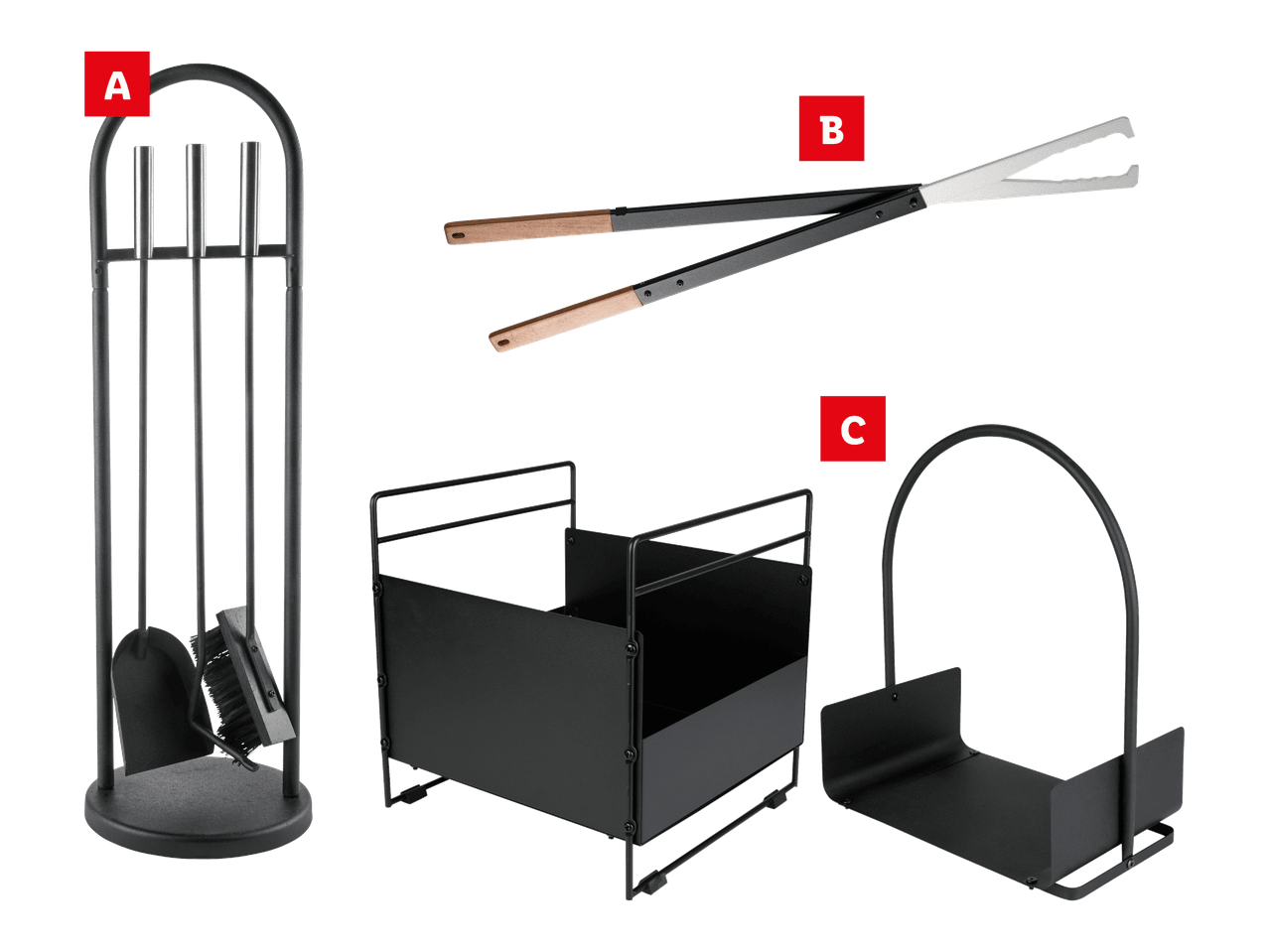 Takkatyökalusetti, puupihdit ja kaksi erilaista puutelinettä mustana.