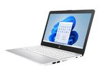 A white HP laptop with a silver keyboard and a screen displaying Windows 11.