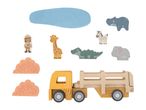 Wooden safari toy set with a truck, explorer, giraffe, crocodile, zebra, elephant, hippo, and bushes.