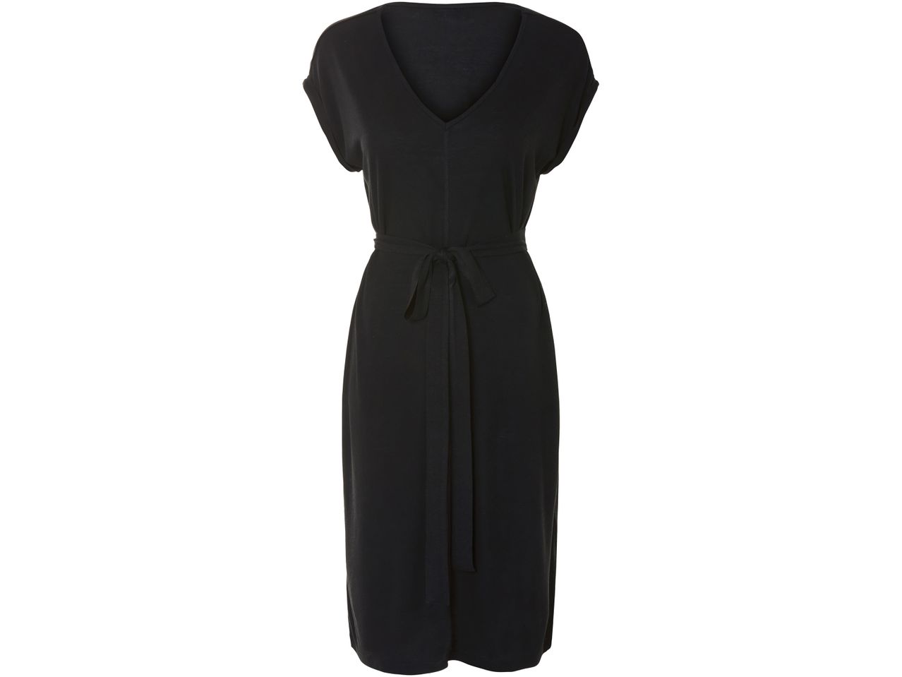 A black midi dress with short sleeves and a self-tie belt.