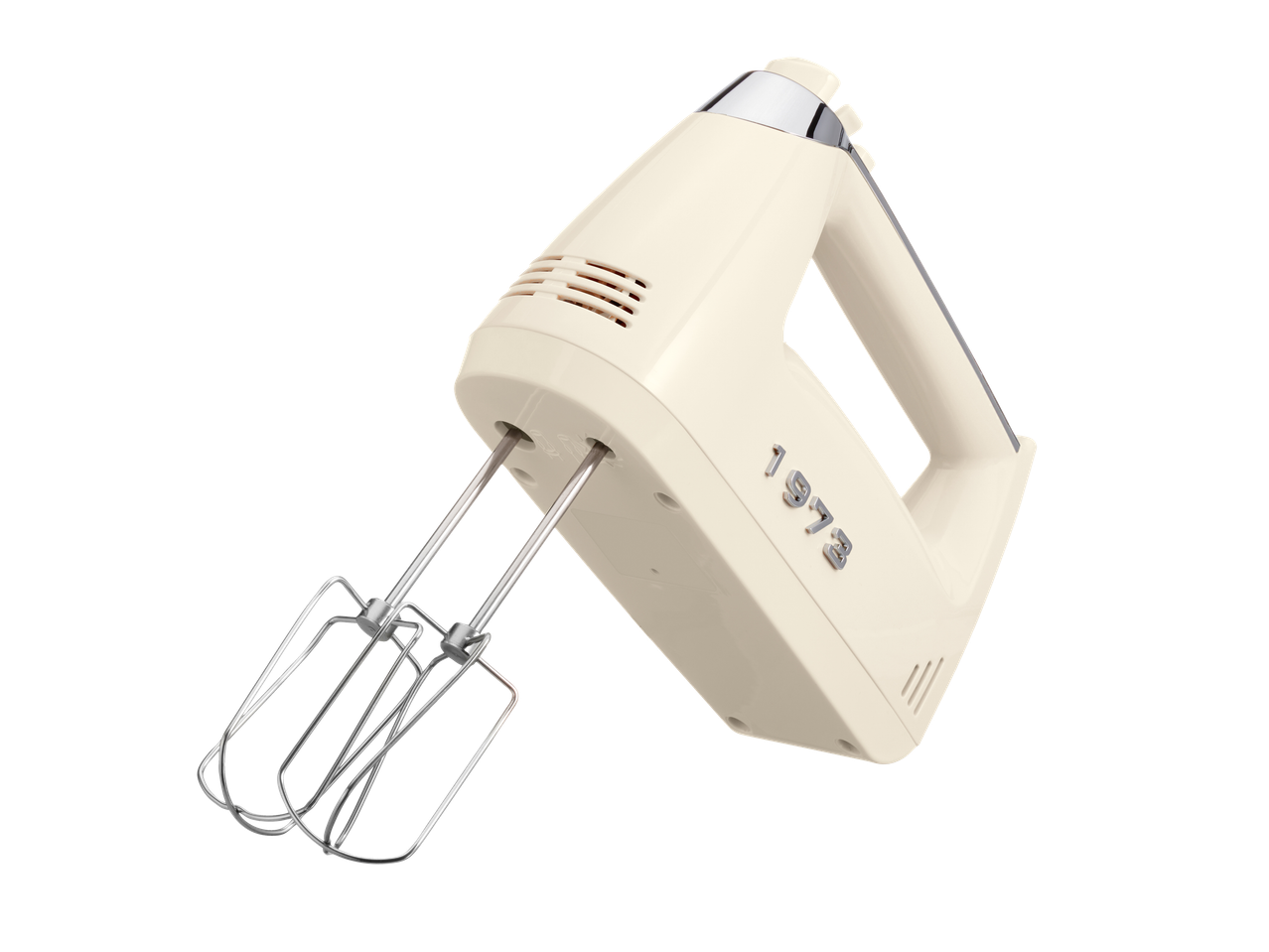A cream-colored SILVERCREST® hand mixer with beaters attached, angled on a black background.