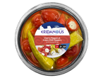 Cherry and green chili peppers with cheese filling in a jar, Greek style.