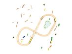 Wooden toy train set with a figure-eight track, two trains, and various accessories.