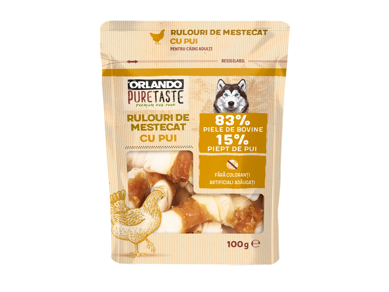 Orlando Pure Taste Rulouri de mestecat cu pui pentru câini adulți, 100g.