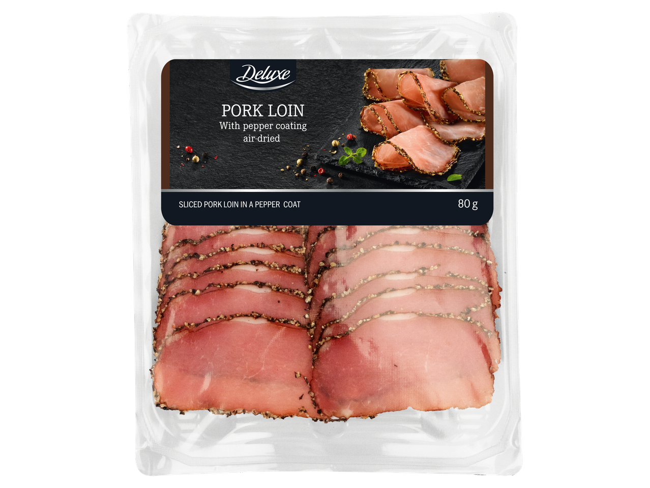 Deluxe Cūkas fileja šķēlēs: õhu käes kuivatatud pipraga kaetud seavälisfilee, 80g pakend.