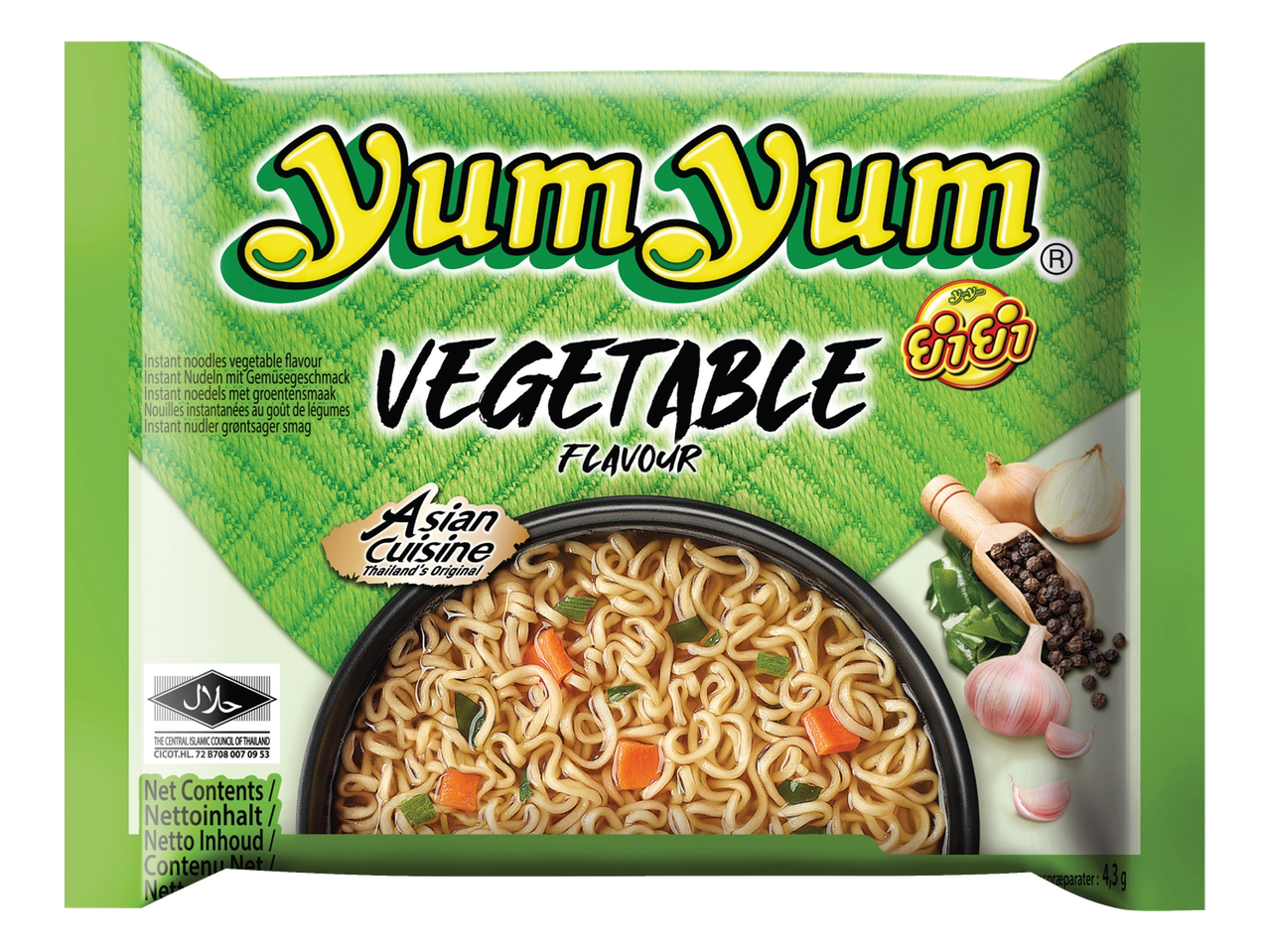 Yum Yum instant noedels groentesmaak verpakking met een kom noedels.