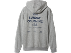 Сив мъжки суичър Esmara с качулка с надпис „Slow Sunday Couching Club“ на гърба.