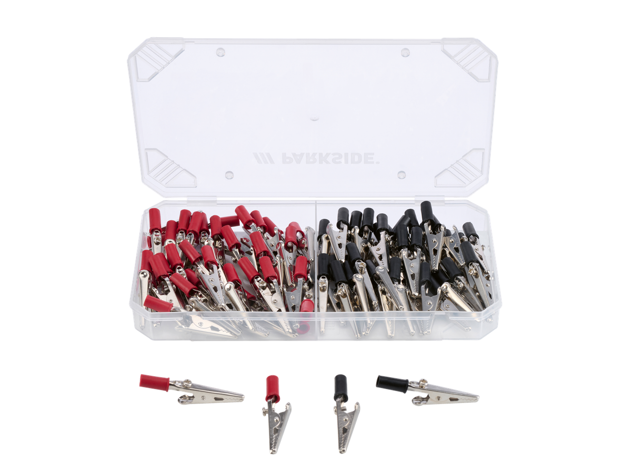 Parkside® krokodillklambrite komplekt läbipaistvas karbis, punased ja mustad.