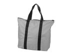 Light grey tote bag with black straps and zipper closure