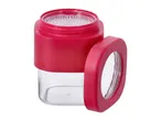 Red and clear plastic spice shaker with a removable lid, featuring a perforated top for dispensing.