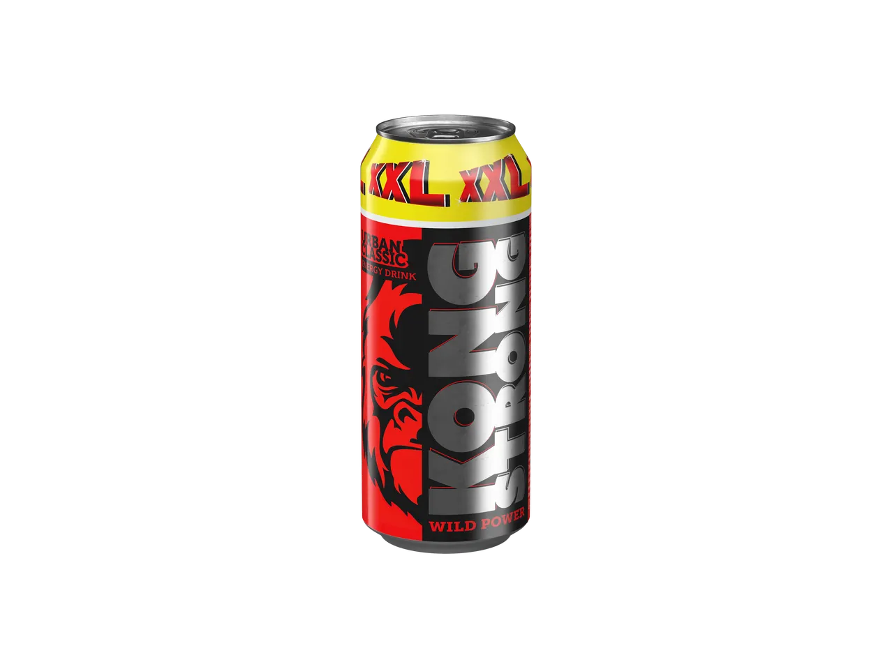 Een Kong Strong XXL energiedrank blikje, met een gorilla afbeelding en opvallende letters.