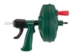 Green drain cleaner with a red handle and a metal spring extending from the front.