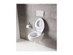 A white wall-mounted toilet with the seat up, a toilet paper holder, and flush buttons.