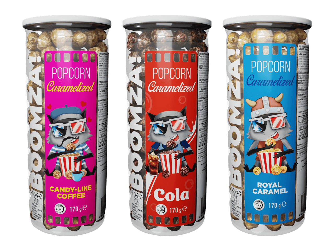 Kolme purkkia karamellisoitua popcornia eri mauissa: kahvi, cola ja perinteinen karamelli.