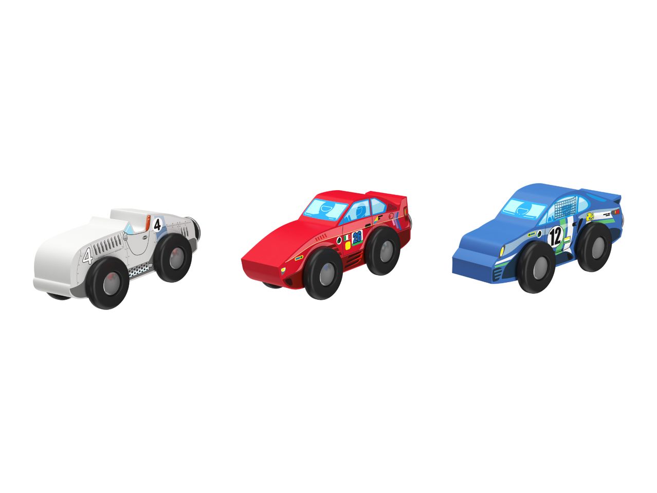 Three toy race cars: white, red, and blue, with racing decals.
