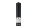 Black electric salt or pepper mill with a clear chamber filled with coarse salt.