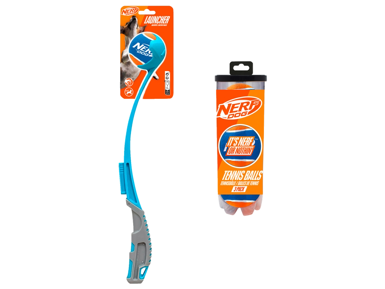 Nerf Dog Air Strike Tennis Ball Launcher and a 3-pack of Nerf Dog tennis balls.