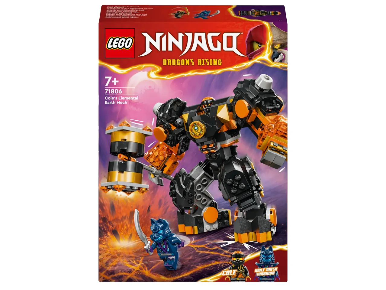 LEGO Ninjago 7+ комплект „Елементарен земен робот на Коул“ с фигурки на Коул и воин с вълча маска.