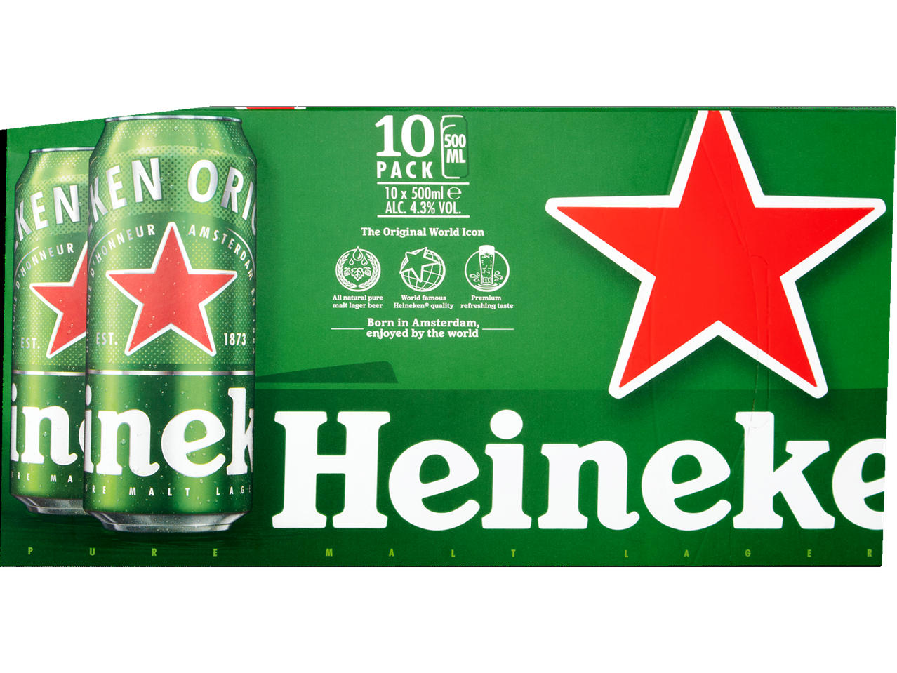 Ten 500ml Heineken cans.