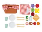 Picnic basket with red and white checkered cloth, plates, cups, cutlery, and play food items.