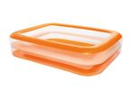 Orange rectangular inflatable paddling pool with transparent sides.