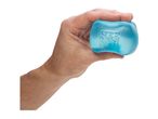 A hand holds a light blue Nee Doh stress ball.