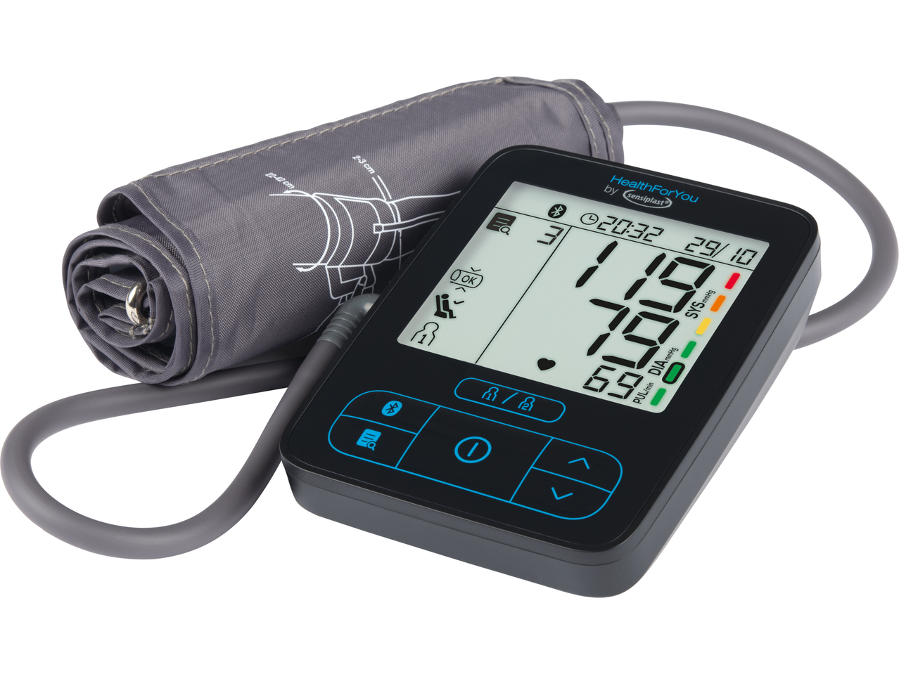 Tensiometru digital HealthForYou by sensiplast cu manșetă gri.