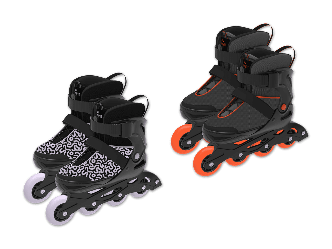 Zwei Paar schwarze Inline-Skates mit orangefarbenen und grauen Details.