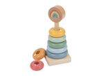 Wooden stacking toy with colorful rings, numbers, and a rainbow top.