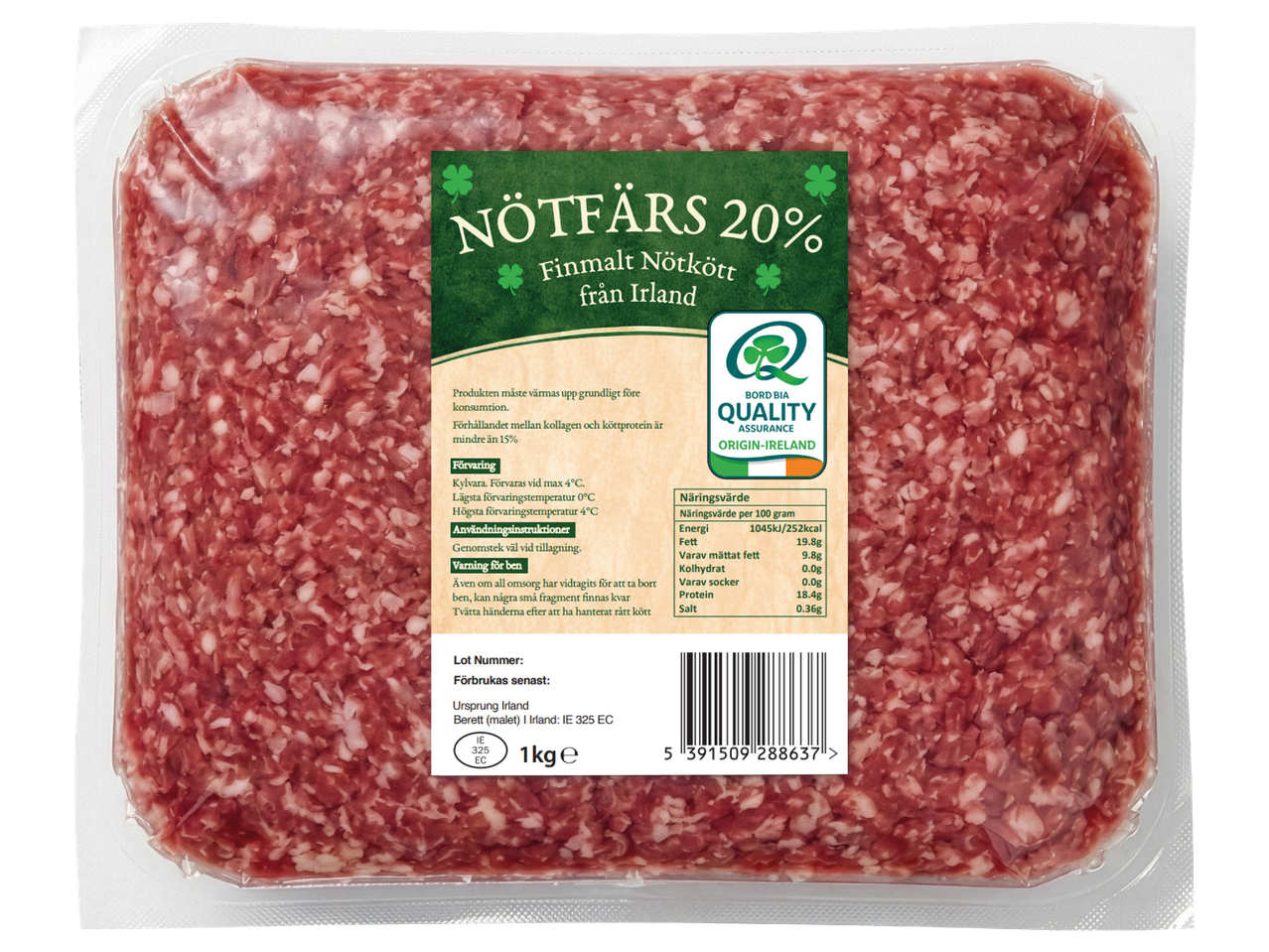 Förpackning med nötfärs 20% från Irland, med näringsvärde och information om förvaring och tillagning.